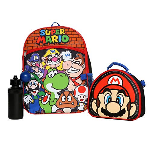 Nintendo Super Mario Bros. Backpack Set for Boys & Girls, Kids 16' School Bag with Front Zip Pocket, Red & Black