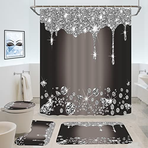 4 Pcs Glitter Diamond Shower Curtain Sets, Black Silver Shiny Drips Bath Decor with Mat and Toilet Lid Cover, Deep Grey Luxury Texture Colorful Bling Modern Bathroom Curtain with 12 Hooks, 72 x 72 in