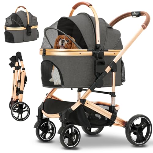 Ingborsa Pet Stroller 3 in 1 Folding Lightweight Dog Stroller with Detachable Carrier & Storage Basket, Premium 4 Wheels Travel Stroller for Puppies, Doggies, Kitties (Gray)