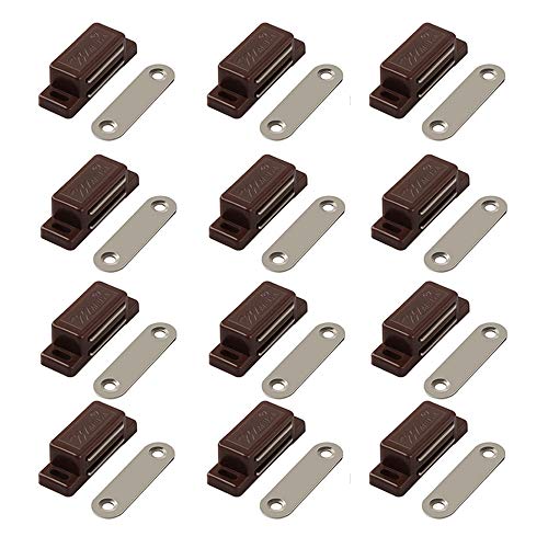 QEDT Cabinet Magnet Latch - Best for Cabinet Doors, Cupboards, Drawers and Shutters - Cabinet Magnetic Latch Easy Install - Magnetic Cabinet Catch Screws Included - Set of 12（Brown）