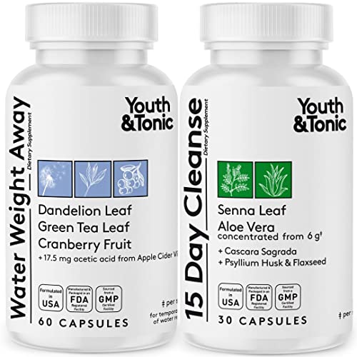 Youth & Tonic Water & Waste Away Pills for Belly Bloating and Swelling for a Thin Waistline & Slender Body as 2X Diet Support Supplements/Water Weigh Away + 15 Day Colon Cleanse 60 + 30 Capsules