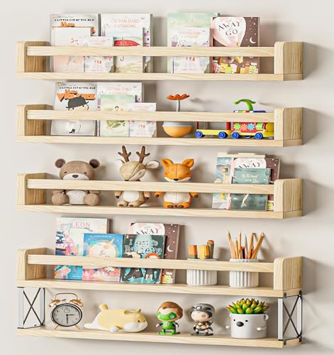 QimCoor 24inch Floating Kids Book Shelves Set of 4, Small Nursery Bookshelf Wall Mount, Natural Wood Baby Book Shelf, Multifunctional Floating Shelves for Bedoom Bathroom Kitchen