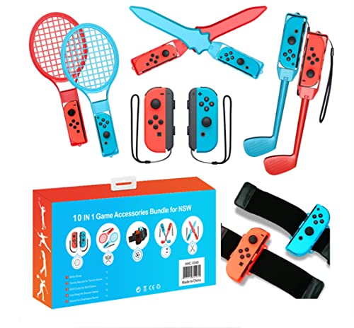 YIKESHU Switch Sports Accessories Bundle for Nintendo Switch, 10 in 1 Family NS Sport Game Switch OLED Kits with Tennis Rackets, Golf Clubs, Chambara Swords, Soccer Leg Straps & Joycon Grips