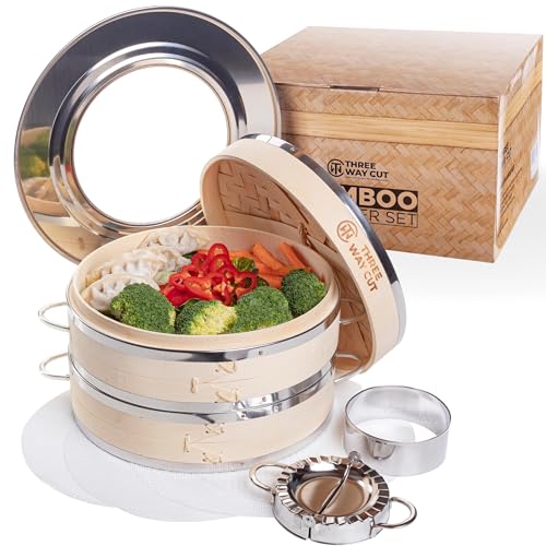 Dumpling Bamboo Steamer 10 Inch 2 Tier Wooden Basket With Handle, Ring Adapter, Reusable Silicone Liner, Kit For Cooking Baby Bao Bun, Dim Sum, Rice Potsticker Steaming Chinese Asian Food & Vegetables