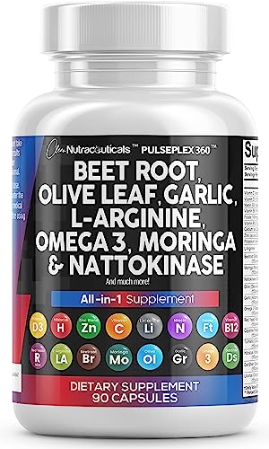 Clean Nutraceuticals Beet Root Capsules 6000mg Olive Leaf 6000mg Nattokinase 4000 FU Garlic Extract 2000mg L-Arginine 400mg Omega 3 Hibiscus Danshen - Healthy Support Supplement - USA Made