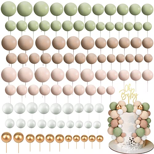 Tondiamo 108 Pcs Balls Cake Topper Balloons Cupcake Topper DIY Cake Insert Topper Foam Cake Balls Baking Decoration for Wedding Anniversary Birthday (Matcha Green, Light Brown, Khaki,Multi Sizes)