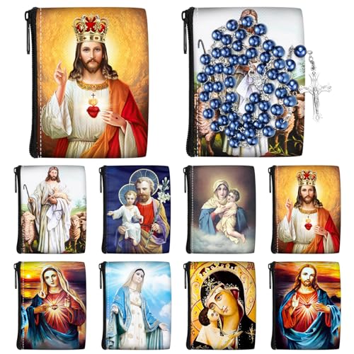 Windyun 8 Pcs Catholic Rosary Pouch 3.5'' x 2.8'' Coin Purse Rosary Holder Rosary Bag Icon Bag with Zipper for Prayer Storage (Religious)