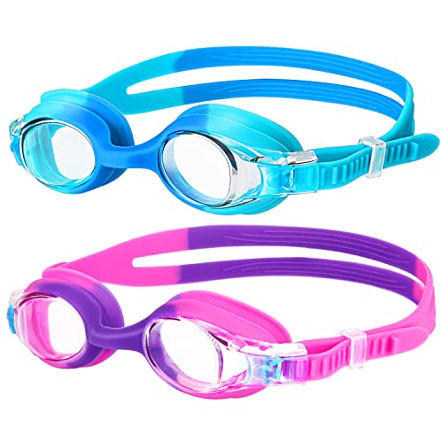 Starweh Kids Swim Goggles, 2 Pack Portable Swimming Goggles No Leaking Anti Fog Kids Goggles for Boys Girls(Age 6-14), Blue & Purple Pink