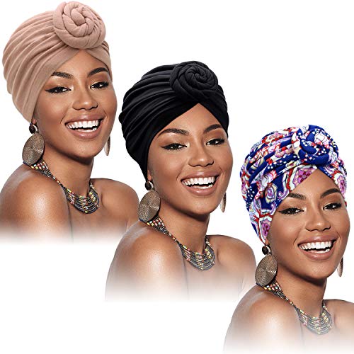 SATINIOR 3 Pieces African Turban for Women Knot Pre-Tied Bonnet Beanie Cap Headwrap (Black, Blue Flower, Khaki)