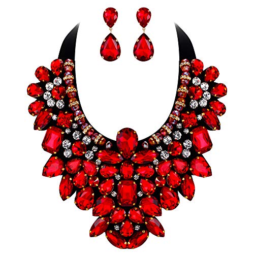 Flyonce Costume Jewelry for Women, Rhinestone Crystal Statement Necklace Earrings Set Ruby Color