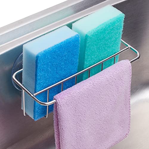 Sink Caddy Sponge Holder for Kitchen Sink Dish Cloth Hanger 2 Suspension Options(Suction Cups and Adhesive Hook), SUS304 Stainless Steel, Silver