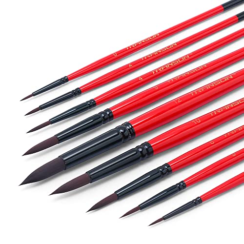 Transon Round Paint Brush Set 9pcs Synthetic Sable Hair for Acrylic Painting Watercolor Painting Gouache Ink Craft and Detail Painting