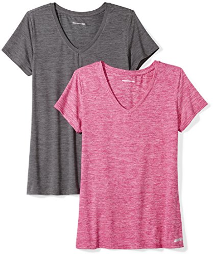 Amazon Essentials Women's Tech Stretch Short-Sleeve V-Neck T-Shirt (Available in Plus Size), Pack of 2, Charcoal Heather Space Dye/Raspberry Red Space Dye, X-Large