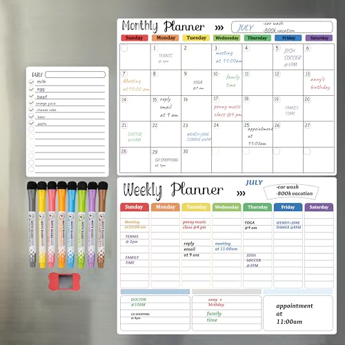 Hivillexun Magnetic Dry Erase Calendar Whiteboard Set (3-Pack) for Refrigerator, Wall, and Fridge Organization with Monthly, Weekly, and Daily Notepads. Comes with 8 Markers and 1 Eraser