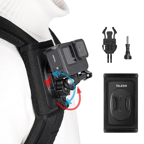 TELESIN° 360° Backpack Mount with Quick Release Tripod Adapter, Shoulder Strap Bag Belt Clip POV Hiking Holder Accessories for GoPro 12 11 10 9 8 7 Insta360 X3 GO3 Ace Pro DJI Action 4 Osmo Pocket 3