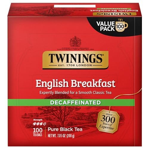 Twinings Decaffeinated English Breakfast Black Tea, 100 Individually Wrapped Tea Bags, Smooth, Flavourful Black Tea