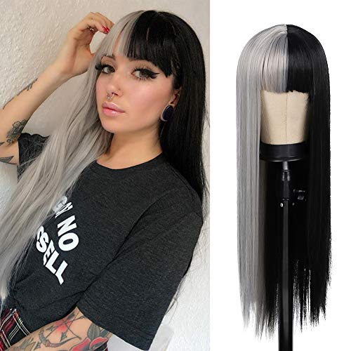 Kaneles Half Grey Half Black Wig for Women Long Straight Hair with Bangs Soft Natural Wigs for Cosplay Party Halloween