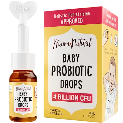 Mama Natural Baby Probiotic Drops (0.28 Fl Oz) | 4 Billion CFU Pediatrician-Tested Infant Probiotic Helps with Colic Relief for Newborns & Constipation Ease for Infants - Unflavored Baby Gas Drops