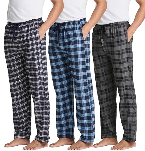 Real Essentials 3 Pack: Mens Pajama Pants Cotton Super Soft Pajamas Men Flannel Bottoms Fleece Buffalo Plaid Pj Gifts Lounge Pants Sleepwear Pijamas Hombres Essentials Woven Button Fly,Set 4-L