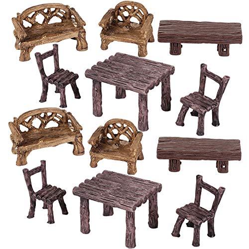 Skylety 12 Pieces Garden Furniture Ornaments Miniature Table and Chairs Set Village Micro Resin Bench Chair for Dollhouse Accessories Home Micro Landscape Decoration (Vintage Style)