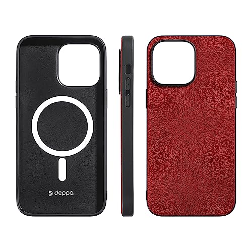 Deppa Alcantara case for iPhone 14 Plus (6.7') with Magsafe Wireless |Sililone Edges| Charging Shockproof Slim Cover [Genuine Italian Alcantara] Enhanced Camera Protection| (Red-4996)