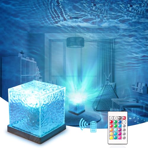 RICHMYC Northern Lights Ocean Wave Projector Light, 16 Colors Gradual Rotating Flame Water Lamp, Wave Night Light with Remote Control for Office Bar Restaurant Underwater Projector Light (Wood)