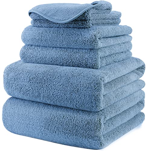 POLYTE Oversize, 60 x 30 in., Quick Dry Lint Free Microfiber Bath Towel Set, 6 Piece (Blue)