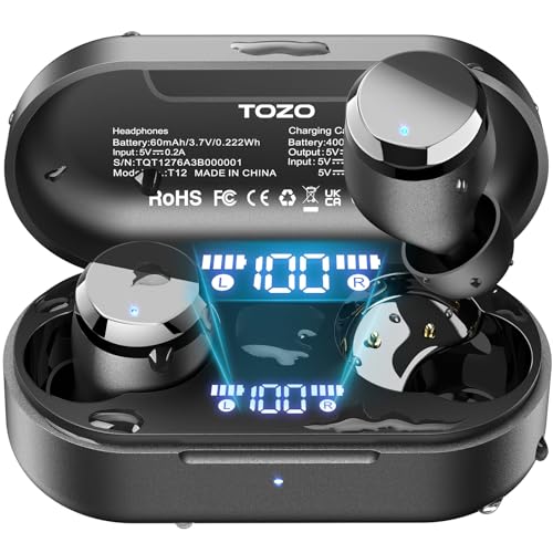 TOZO T12 Wireless Earbuds Bluetooth 5.3 Headphones Built-in ENC Noise Cancelling Mic, 55 Hrs Playtime App Customize EQ IPX8 Waterproof LED Digital Display Premium Sound Headset Black