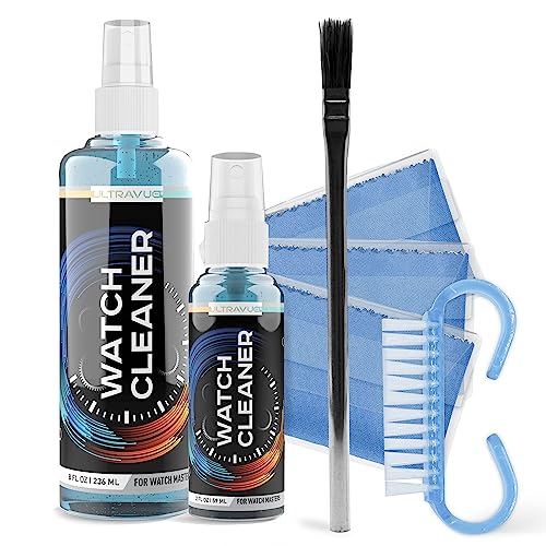 ULTRAVUE Watch Cleaning Kit - Cleans All Watches and Jewelry Including Metals, Crystals and Rubber - 1 x 2oz and 1 x 8oz Watch Cleaner Gel Spray, 3 x Microfiber Cloth, 2 x Horsehair Brush