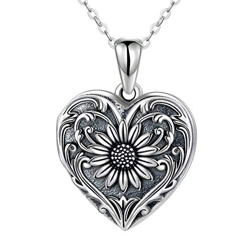 SOULMEET Cameo Sunflower Heart Locket Necklace That Holds 2 Picture, Sterling Silver Heart Shaped Picture Locket Necklace to Keep Someone Near to You