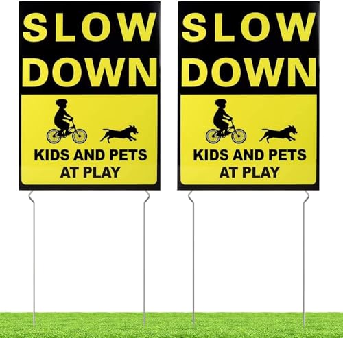 Kichwit 2 Pack Double Sided Slow Down Kids and Pets at Play Yard Signs with Metal Stakes, Sign Measures 11.8 x 15.7 Inches