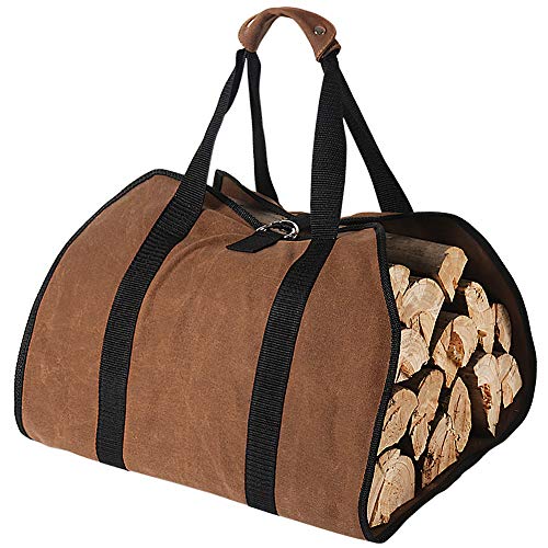 Tenn Well Firewood Carrier, 38in x 18in 16oz Waxed Canvas Log Carrier for Firewood, Wood Carrying Bag with Handles Securing Straps for Indoors Camping Trip Christmas Gift (Brown)