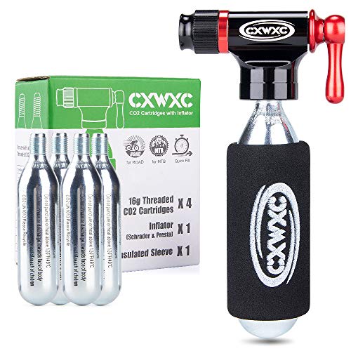 CO2 Inflator Kit with 4 x16g CO2 Cartridges - Presta & Schrader Valve Compatible - CO2 Bike Pump for Road and Mountain Bikes