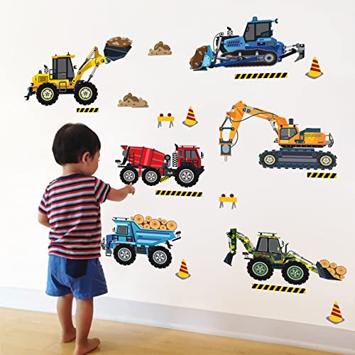 decalmile Construction Vehicles Wall Stickers Trucks Excavator Tractor Wall Decals Kids Bedroom Boys Room Playroom Wall Decor