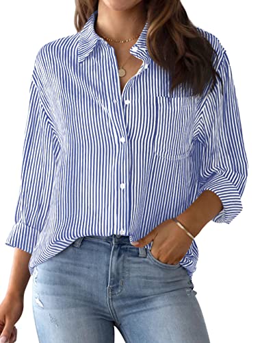AISEW Womens Button Down Shirts Striped Classic Long Sleeve Collared Office Work Blouses Tops with Pocket (Blue, 7002M)