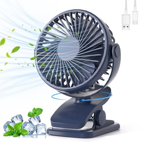 BDXXJ Portable Clip on Fan, 360° Rotate Battery Operated Stroller Fan, 3 Speed Quiet Mini Personal Desk Fan, USB Rechargeable Clooing Fan for Outdoor Camping Golf Cart Stroller Home Office Blue