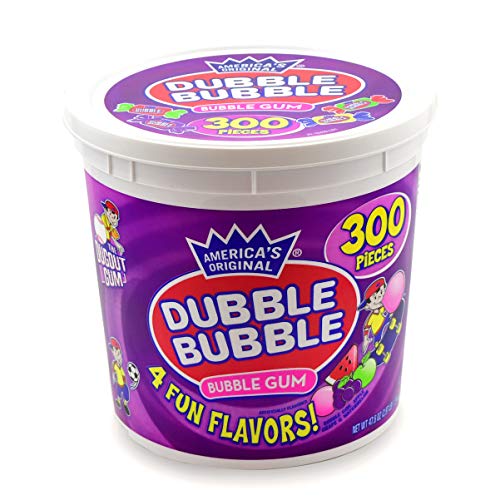 Tootsie Roll Dubble Bubble Gum - 300 Count Resealable Tub of Individually Wrapped Fruit and Bubble Gum - Original, Watermelon, Apple and Grape Flavors - Peanut and Gluten Free, 47.6 Ounce