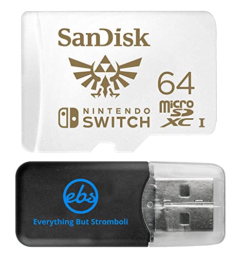 SanDisk 64GB Micro SD Nintendo Switch Memory Card for Nintendo Switch Lite, Switch OLED, and Switch (SDSQXAT-064G-GNCZN) Class 10 UHS-1 U3 Bundle with 1 Everything But Stromboli MicroSD Card Reader