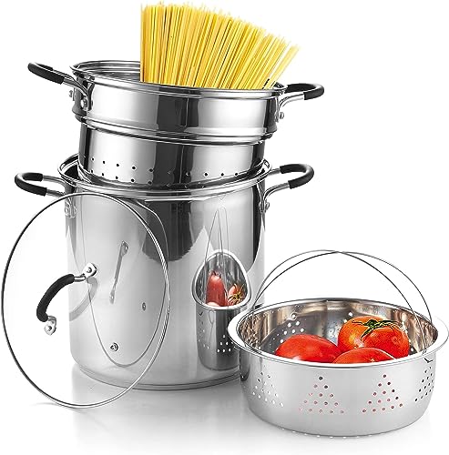 Cook N Home 4-Piece Stainless Steel Pasta Cooker Steamer Multipots, 12 Quart, Silver
