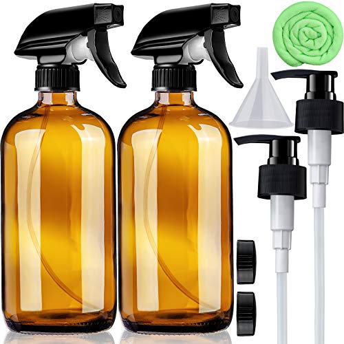 Amber Glass Spray Bottles 16 oz Pump Bottle (2 Pack) Refillable Cosmetic Containers Brown Mist & Stream Mister for Essential Oil Products Shampoo Soap Cleaning Bottles Or Aromatherapy Sprayer Plant