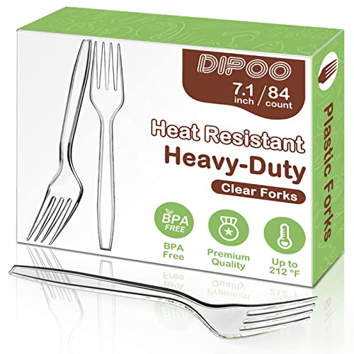Dipoo 7.1'' Clear Plastic Forks Heavy Duty with Heat Resistant & BPA Free, Solid and Durable Plastic Cutlery, Premium Disposable Forks for Party Supply(84 Count)