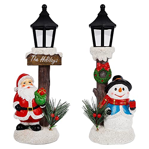 Joliyoou Christmas Table Decor, 2 Pack 11.4 Inch Resin Snowman Santa Centerpieces with Light Up Streetlights, Battery Operated Lighted Xmas Holiday Winter Fireplace Shelf Decorative Ornament