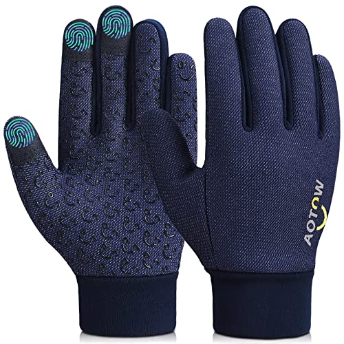AOTOW Kids Winter Warm Cycling Gloves - Boys Girls Touch Screen Anti-Slip Running Gloves Cold Weather Windproof Waterproof Children Thermal Fleece Mittens for Football Ski Bike Snow Aged 8-10