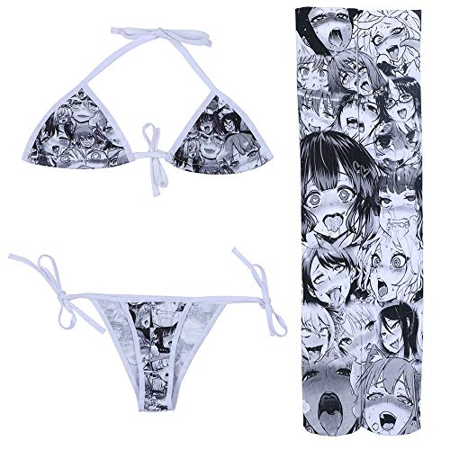 Quker Bean Lolita Japanese Manga Anime Ahego Face Micro Bikini Bra and Thong Set Thigh High Stockings Outfits (Gray)