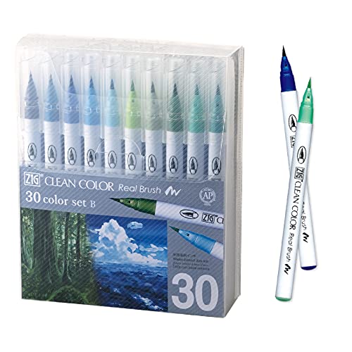 Kuretake ZIG Clean Color Real Brush, NEW 30 colors set B, Flexible Brush Tips, Watercolor Pens for Painting, Drawing, Calligraphy and Brush Lettering for Artists, Made in Japan