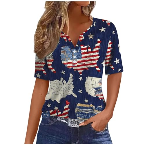 Women 4th of July Tee Casual Patriotic Shirts USA Stars Stripes Print Top Henley Neck Short Sleeve Shirt Summer Loose Tops