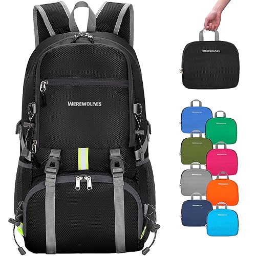 WEREWOLVES Lightweight Waterproof Foldable Small Backpack - Water Resistant Hiking Daypack for Outdoor Camping Travel (35L, Black)