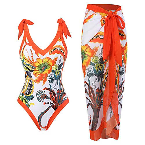 GOAWTFAFS Cheeky One Piece Swimsuits for Women Pushup Swimsuits for Women Cute Built-in Bras Orange Print Bohemian One Piece Bathing Suit with Pockets