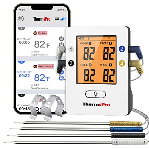 ThermoPro TP25 Wireless Bluetooth Meat LCD Thermometer with 4 Temperature Probes, Smart Digital Cooking BBQ Thermometer for Grilling Oven Food Smoker Thermometer, Rechargeable
