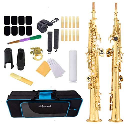 Aisiweier Soprano Saxophone SAX Bb Brass Lacquered Gold Body and Keys Woodwind instruments (gold)